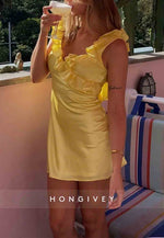 Pretty Sheath V Neck Low Back Yellow Short Homecoming Dress with Ruffles