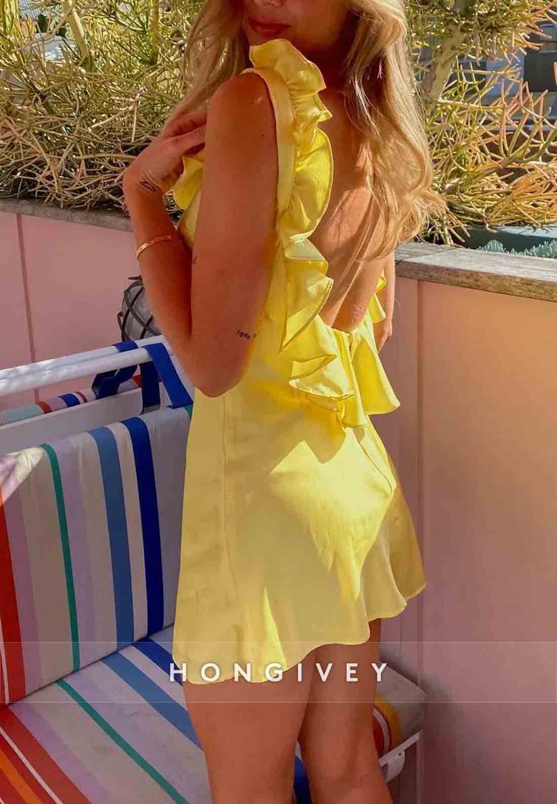 Pretty Sheath V Neck Low Back Yellow Short Homecoming Dress with Ruffles