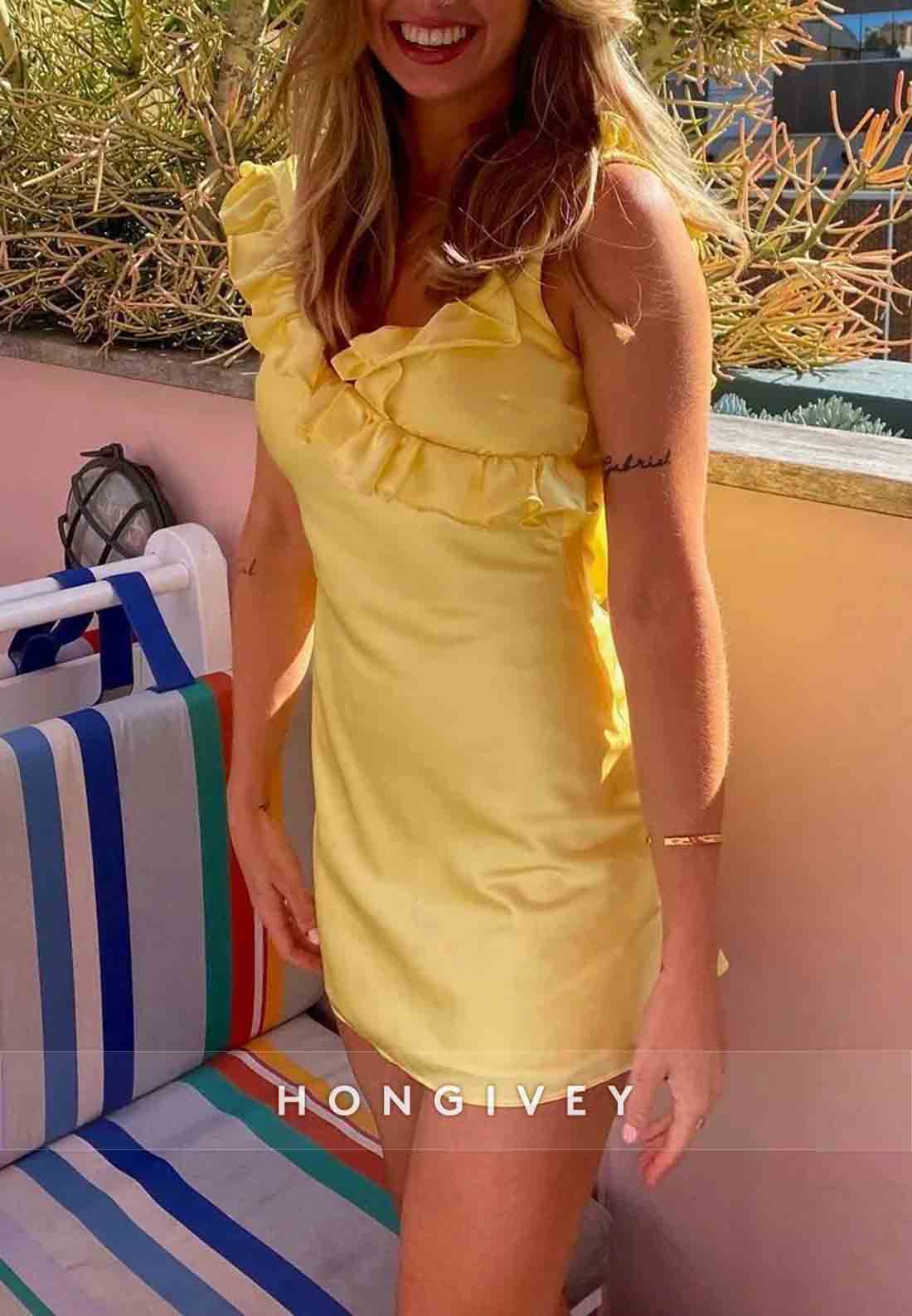 Pretty Sheath V Neck Low Back Yellow Short Homecoming Dress with Ruffles