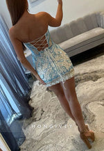 Blue Crisscross Back Sheath Strapless Mini Homecoming Dress with Beading