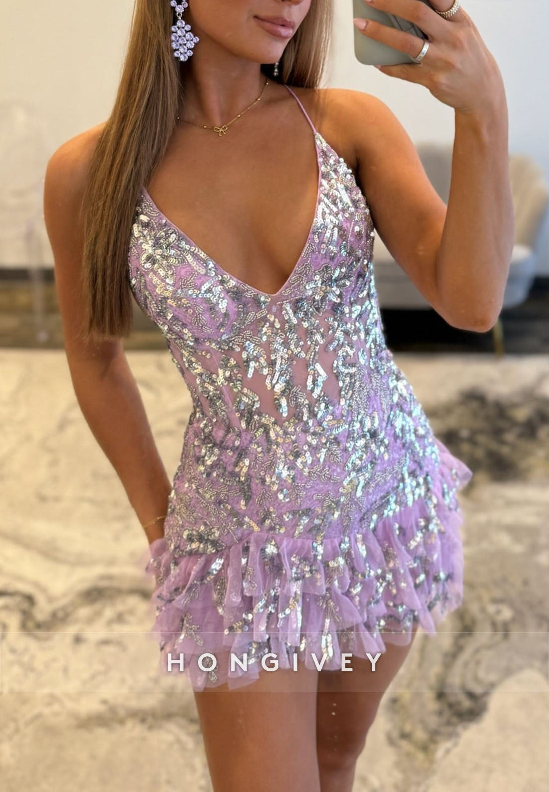 Sparkly Pink Spaghetti Straps Crisscross Back V-Neck Short Ruffle Homecoming Dress