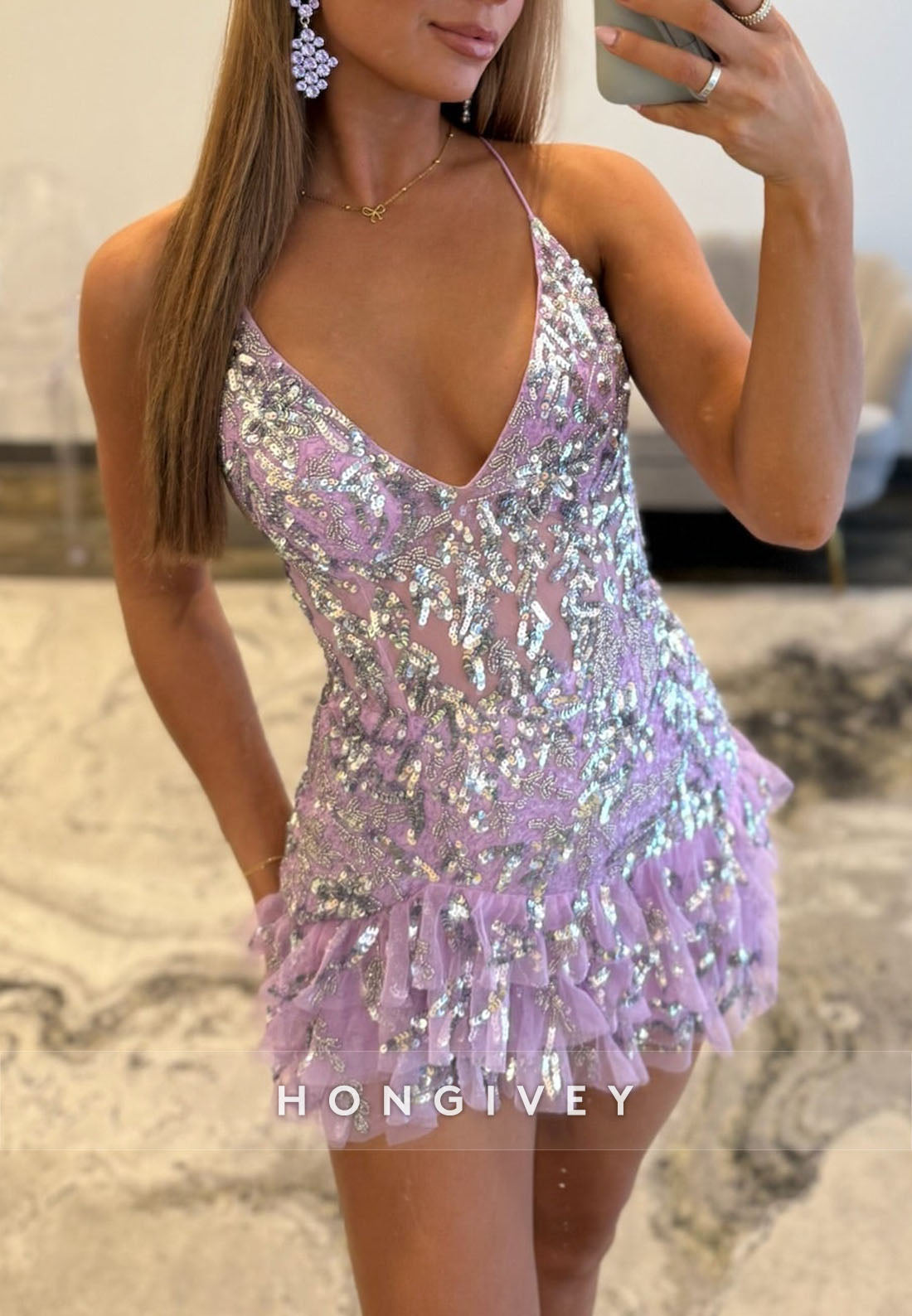 Sparkly Pink Spaghetti Straps Crisscross Back V-Neck Short Ruffle Homecoming Dress