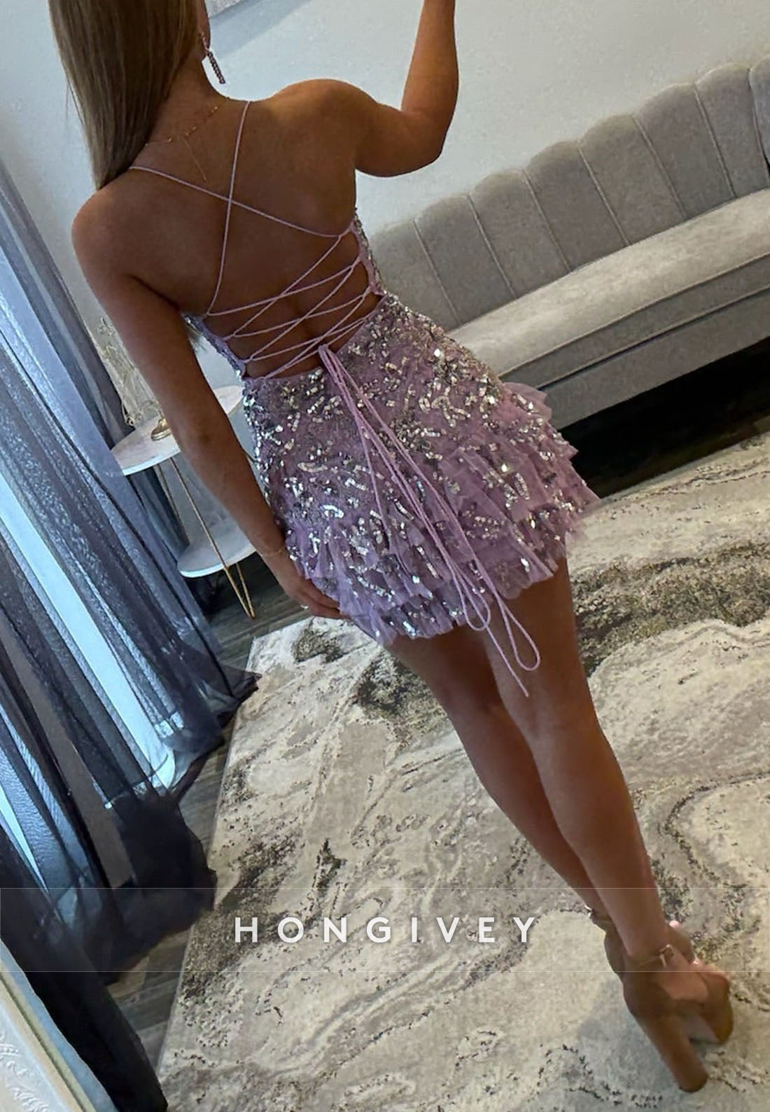 Sparkly Pink Spaghetti Straps Crisscross Back V-Neck Short Ruffle Homecoming Dress