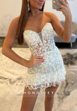 Sweetheart Pink Strapless Sheath Mini Homecoming Dress with Ruffle and Sequins