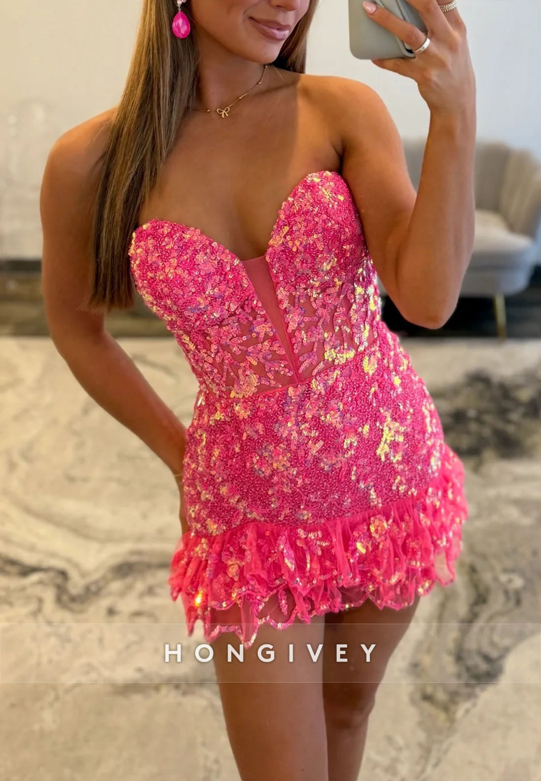 Sweetheart Pink Strapless Sheath Mini Homecoming Dress with Ruffle and Sequins