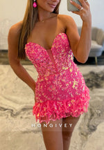 Sweetheart Pink Strapless Sheath Mini Homecoming Dress with Ruffle and Sequins