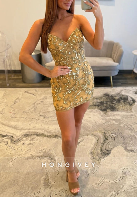 V-Neck Strapless Sheath Tie Back Mini Homecoming Dress with Beading