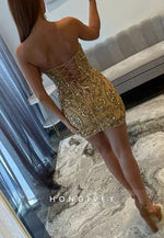 V-Neck Strapless Sheath Tie Back Mini Homecoming Dress with Beading