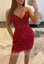 V-Neck Strapless Sheath Tie Back Mini Homecoming Dress with Beading