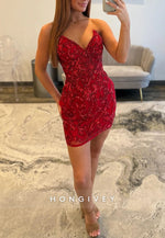 V-Neck Strapless Sheath Tie Back Mini Homecoming Dress with Beading