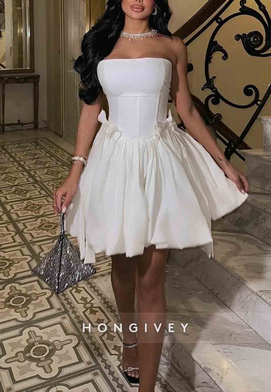 Strapless A-Line Pleated Sleeveless Short Homecoming Dresses with Bowknot