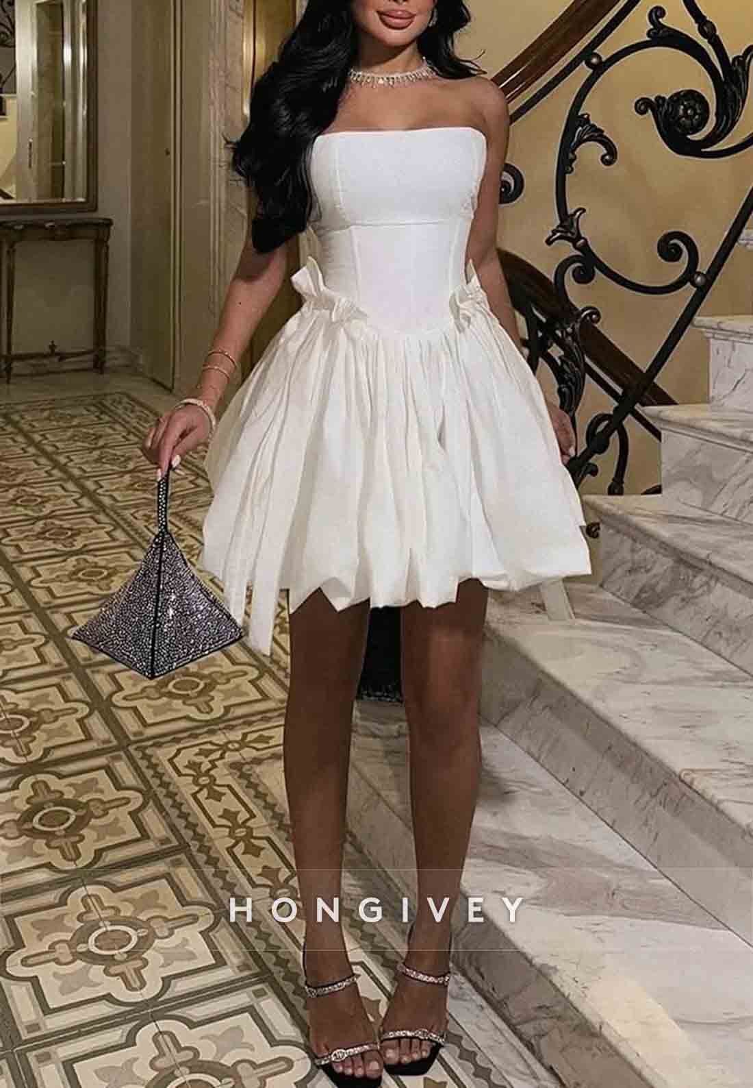 Strapless A-Line Pleated Sleeveless Short Homecoming Dresses with Bowknot