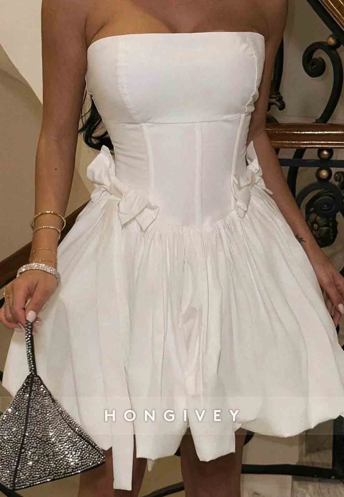 Strapless A-Line Pleated Sleeveless Short Homecoming Dresses with Bowknot