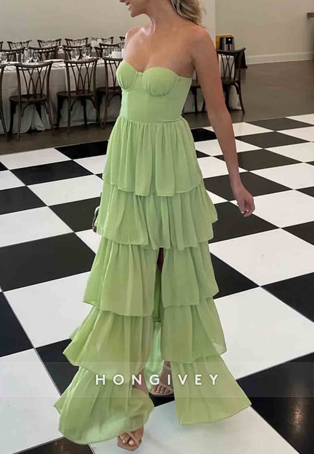 Side Slit A Line Sweetheart Green Prom Dresses Strapless Long Party Dress with Ruffles
