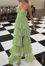 Side Slit A Line Sweetheart Green Prom Dresses Strapless Long Party Dress with Ruffles