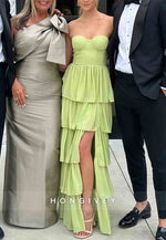 Side Slit A Line Sweetheart Green Prom Dresses Strapless Long Party Dress with Ruffles