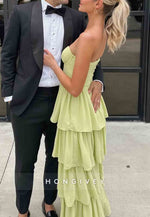 Side Slit A Line Sweetheart Green Prom Dresses Strapless Long Party Dress with Ruffles