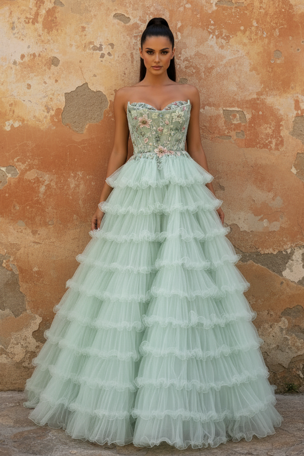 Princess Mint Green Tiered Tulle Prom Dress with Floral Embroidered Corset