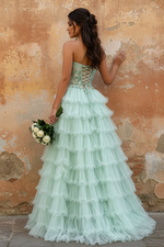 Princess Mint Green Tiered Tulle Prom Dress with Floral Embroidered Corset