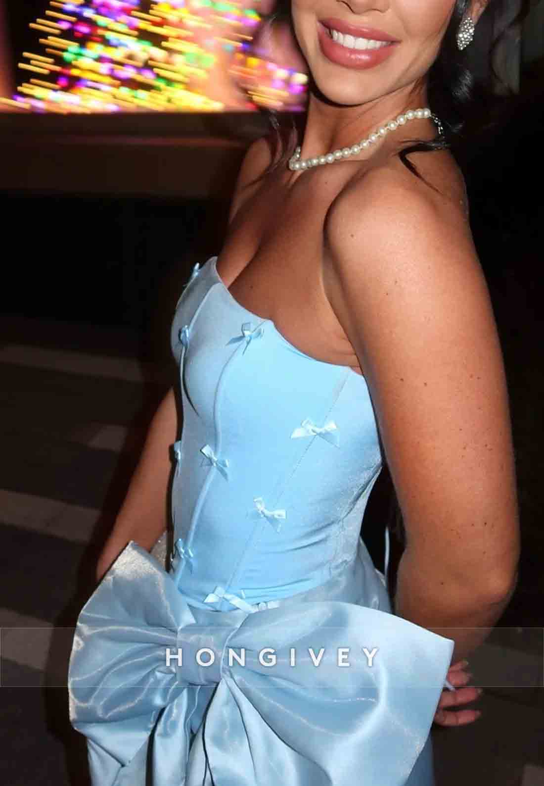 Sky Blue Sheath Strapless Party Dress Short Homecoming Dress with Satin Bowknot
