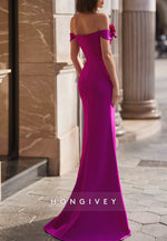 Sheath Sweep Train Off the Shoulder Pleated Flowers Evening Gown