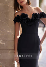 Sheath Sweep Train Off the Shoulder Pleated Flowers Evening Gown