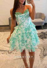 Turquoise Strapless A-Line Floral Print Short Homecoming Dress with Ruffles