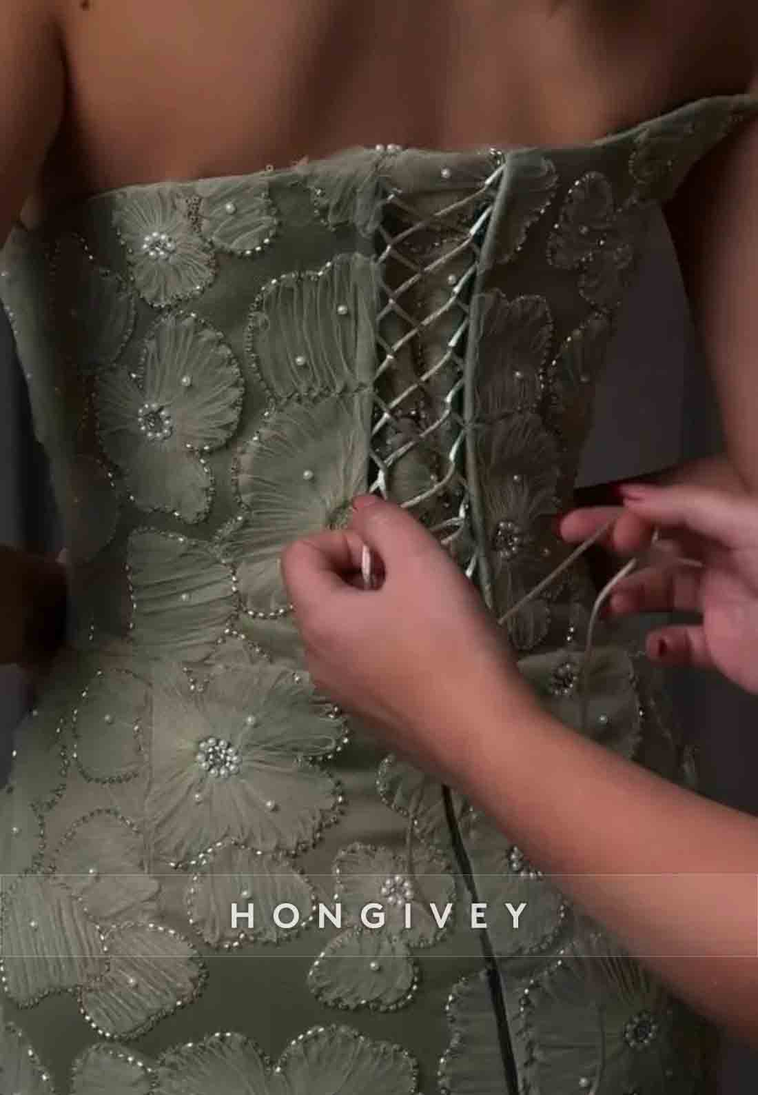 Embroidery Flowers Floor-Length Strapless Tie Back Evening Gowns