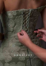 Embroidery Flowers Floor-Length Strapless Tie Back Evening Gowns