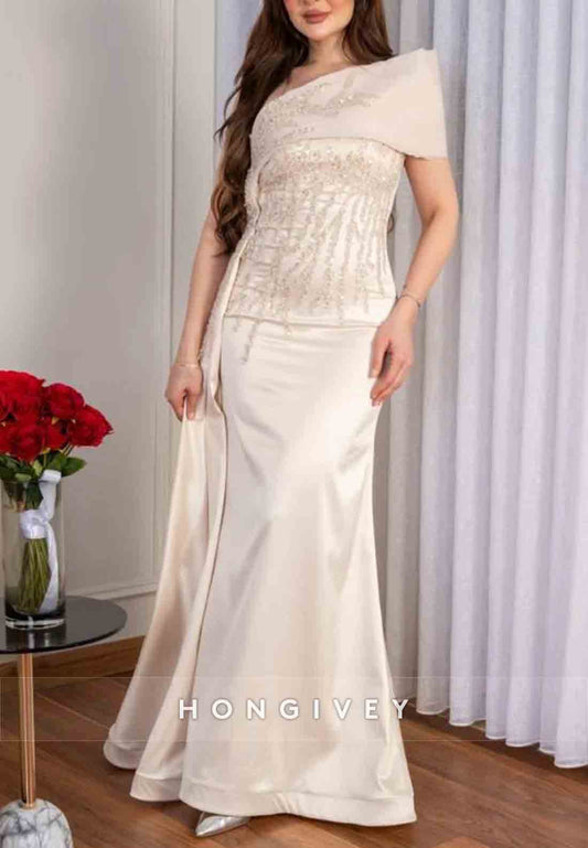 One Shoulder Side Draping Beading Floor-Length Trumpet Evening Gowns