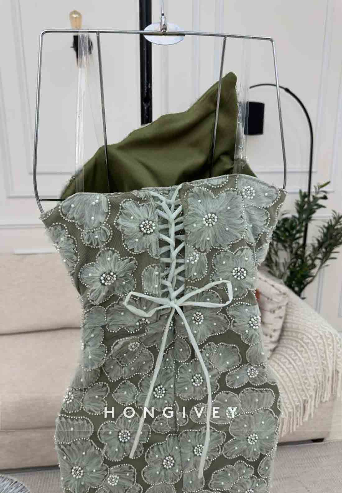 Embroidery Flowers Floor-Length Strapless Tie Back Evening Gowns