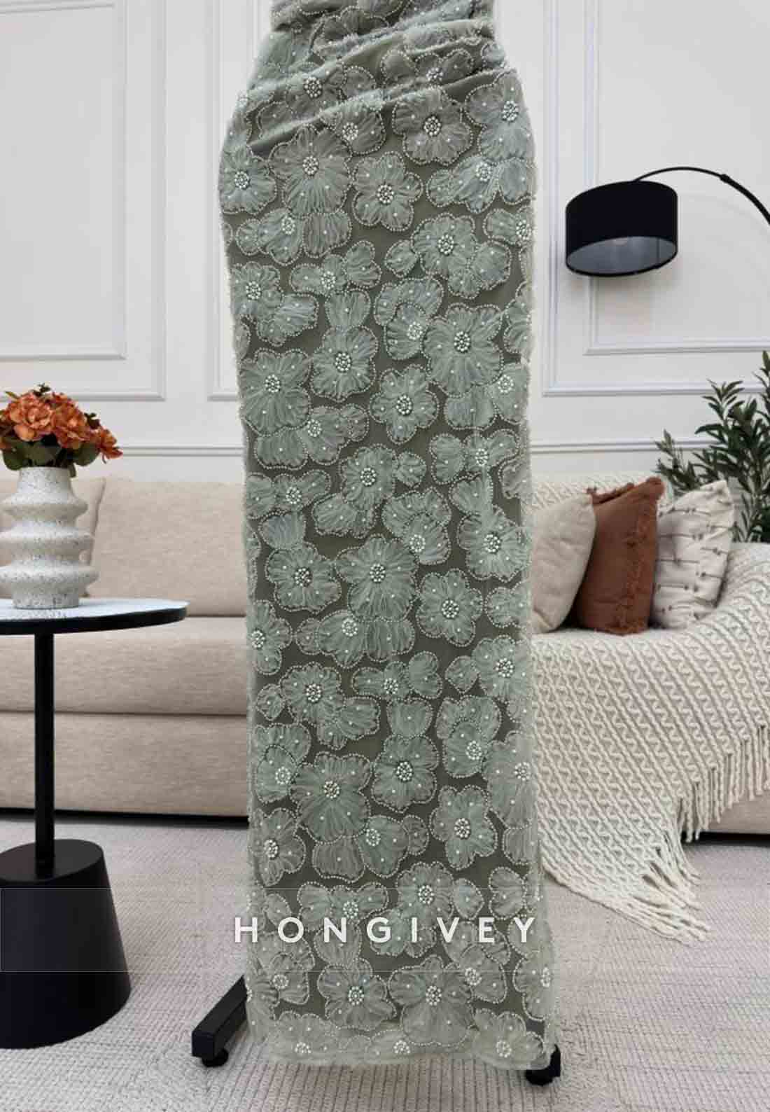 Embroidery Flowers Floor-Length Strapless Tie Back Evening Gowns