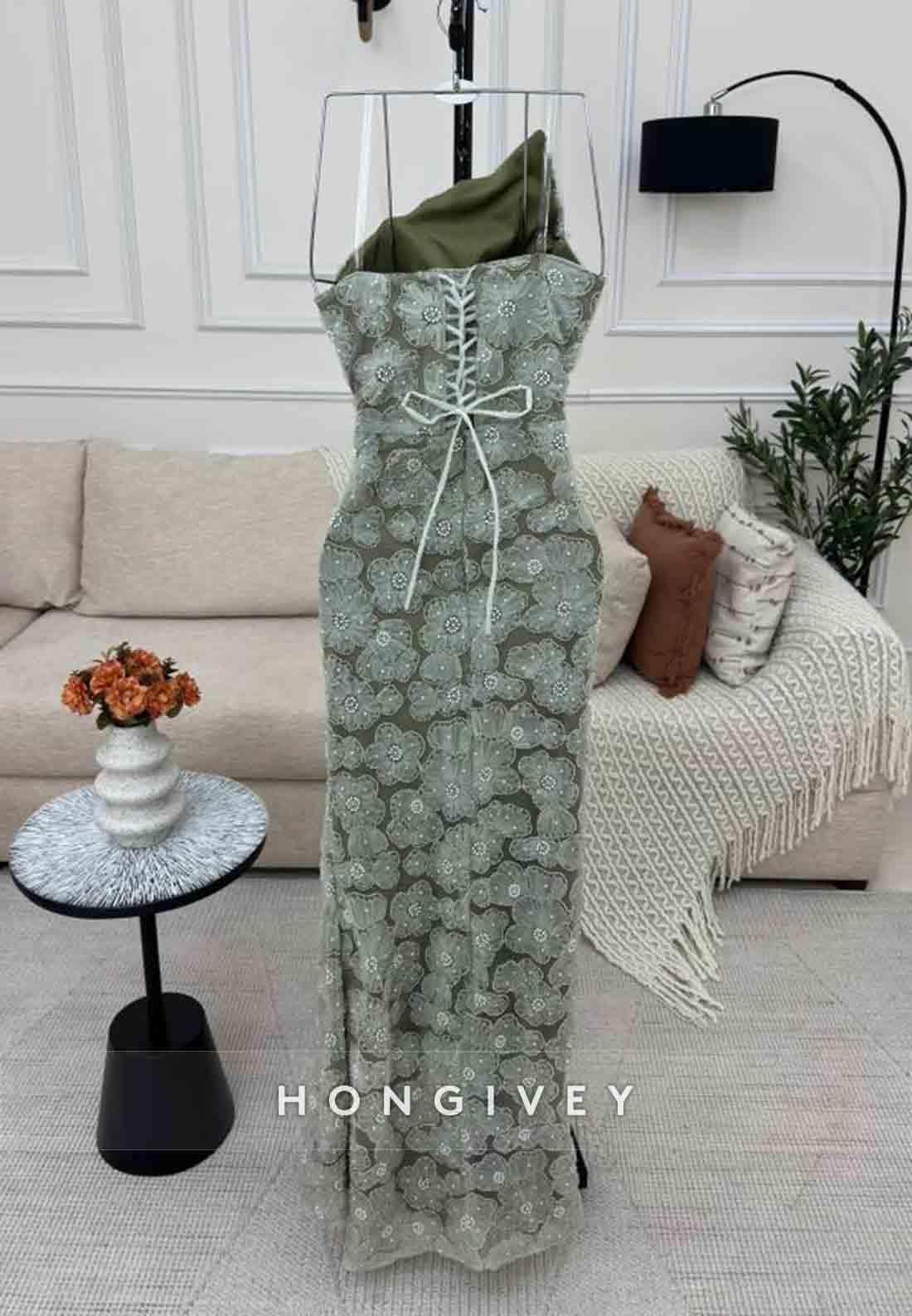 Embroidery Flowers Floor-Length Strapless Tie Back Evening Gowns