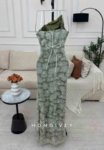 Embroidery Flowers Floor-Length Strapless Tie Back Evening Gowns