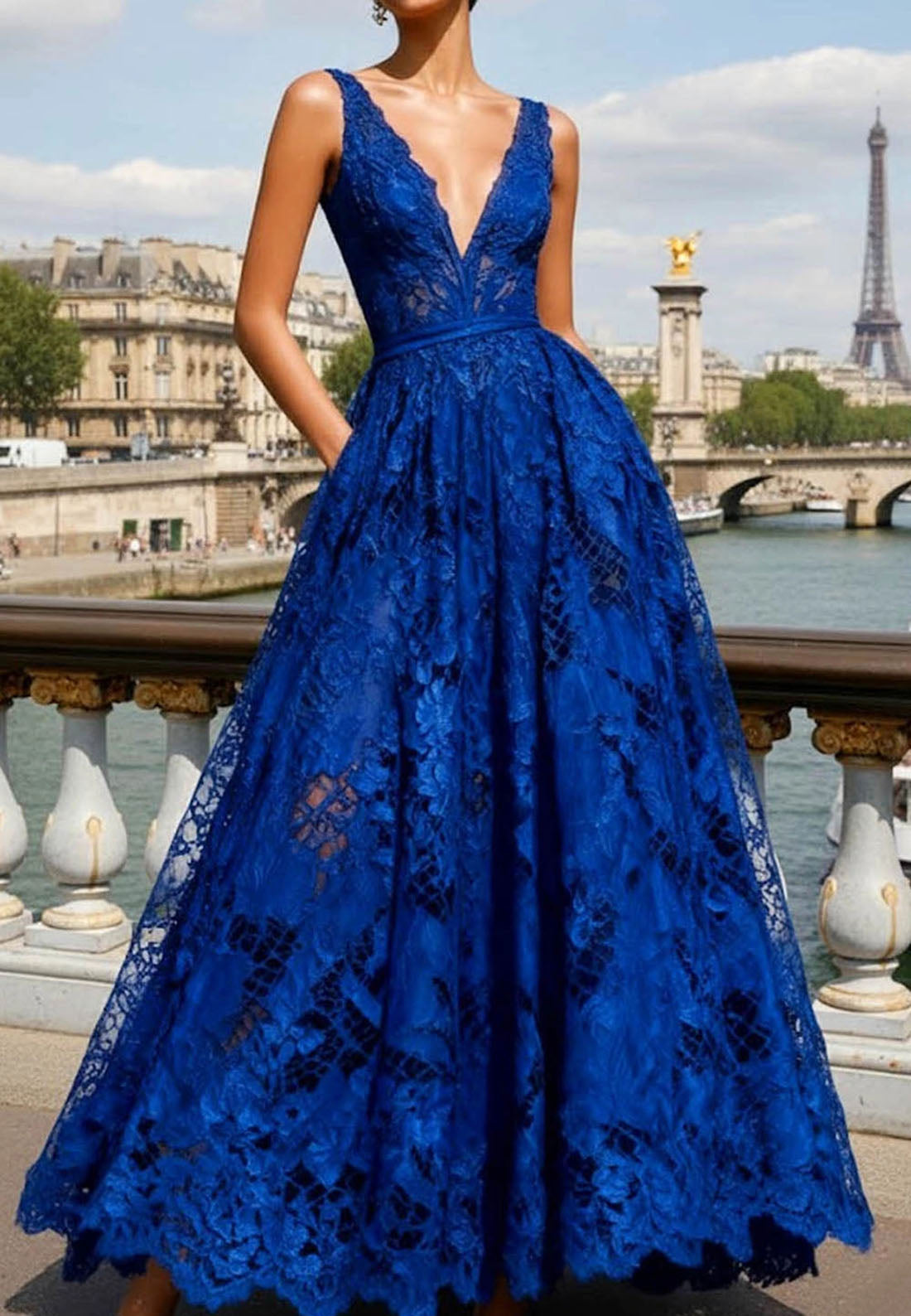 V-Neck Blue Sleeveless A-Line Lace A-Line Backless Ankle-Length Peom Dress