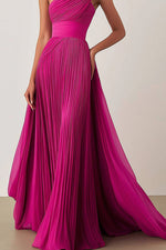Prom Formal Pleated Dress Rose Color One Shoulder Floor-Length Dress