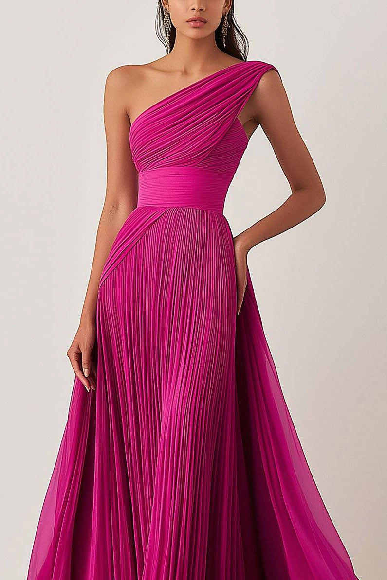 Prom Formal Pleated Dress Rose Color One Shoulder Floor-Length Dress