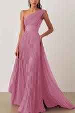 Prom Formal Pleated Dress Rose Color One Shoulder Floor-Length Dress