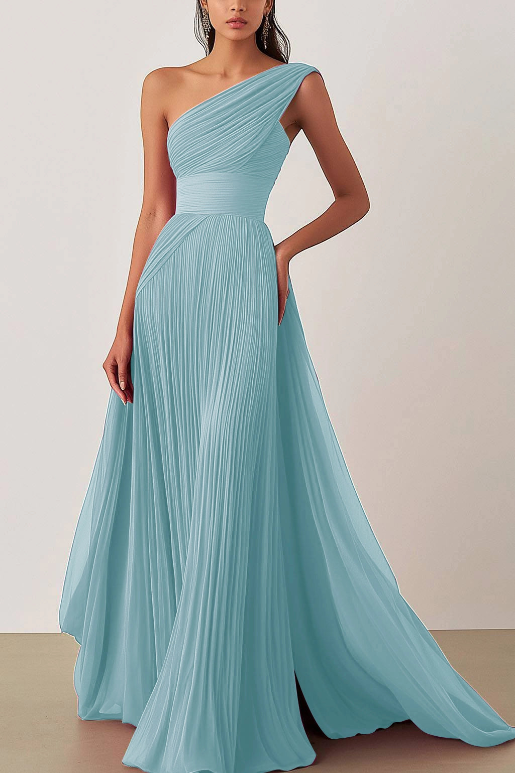 Prom Formal Pleated Dress Rose Color One Shoulder Floor-Length Dress