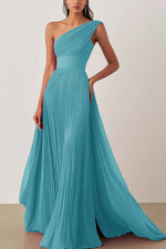 Prom Formal Pleated Dress Rose Color One Shoulder Floor-Length Dress