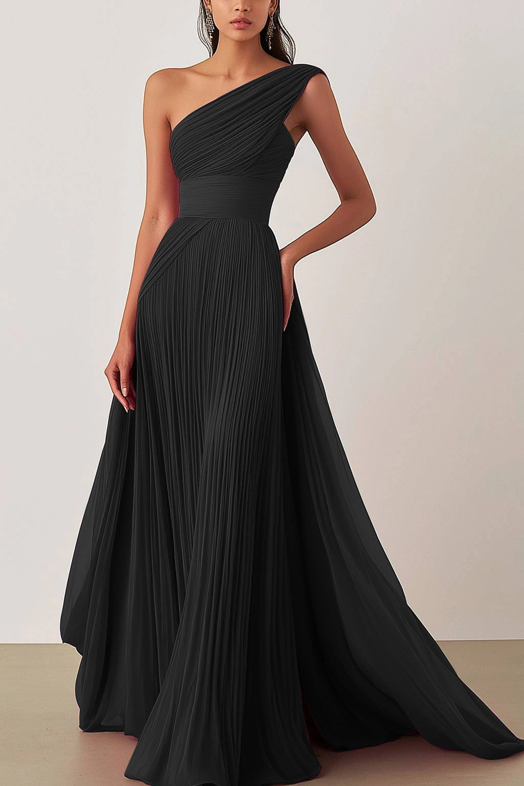 Prom Formal Pleated Dress Rose Color One Shoulder Floor-Length Dress