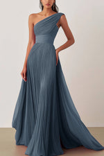 Prom Formal Pleated Dress Rose Color One Shoulder Floor-Length Dress
