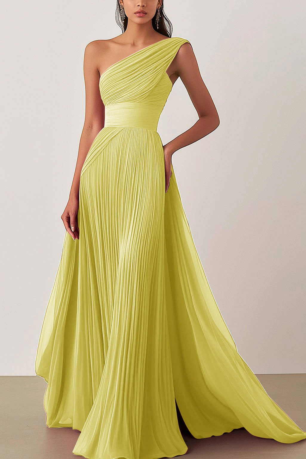 Prom Formal Pleated Dress Rose Color One Shoulder Floor-Length Dress