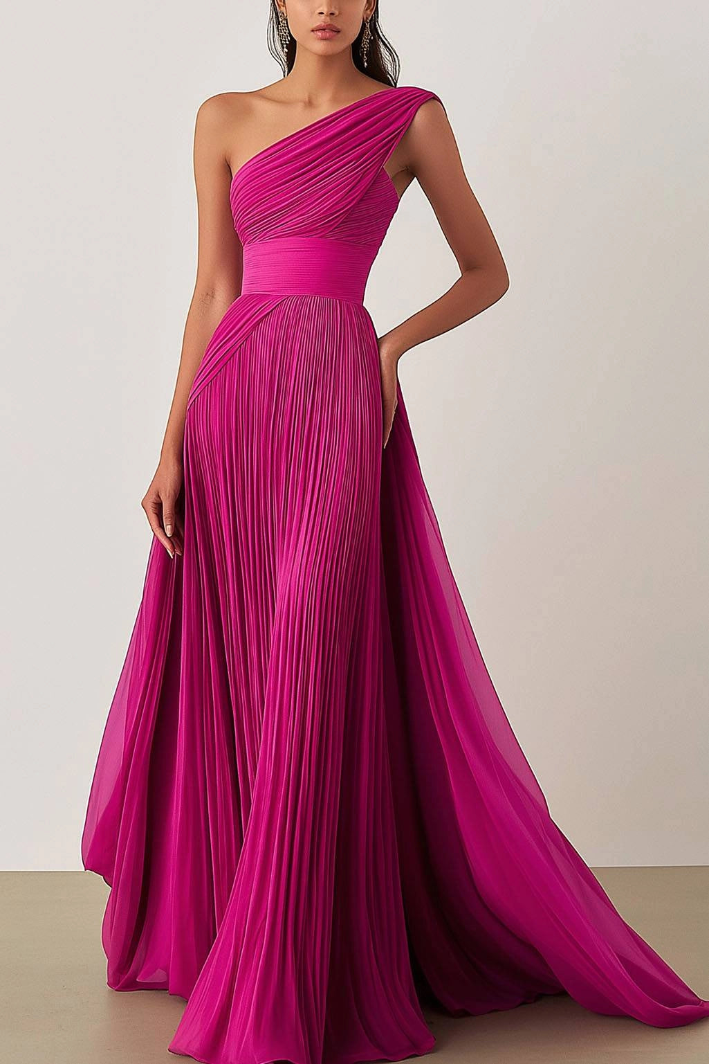 Prom Formal Pleated Dress Rose Color One Shoulder Floor-Length Dress