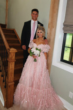 Puff Sleeves Pink 3D Floral A-line Long Prom Dress