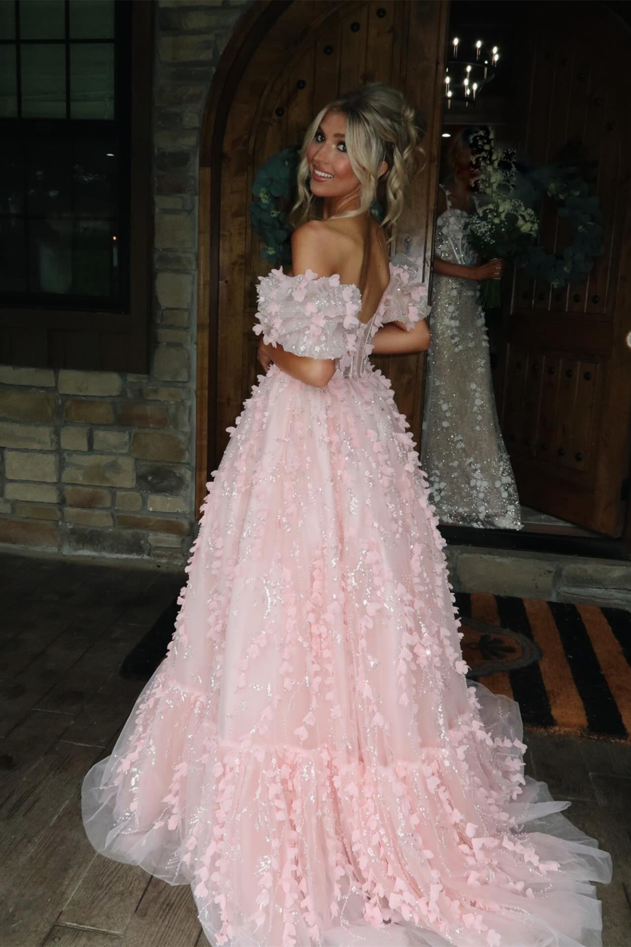 Puff Sleeves Pink 3D Floral A-line Long Prom Dress