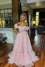Puff Sleeves Pink 3D Floral A-line Long Prom Dress