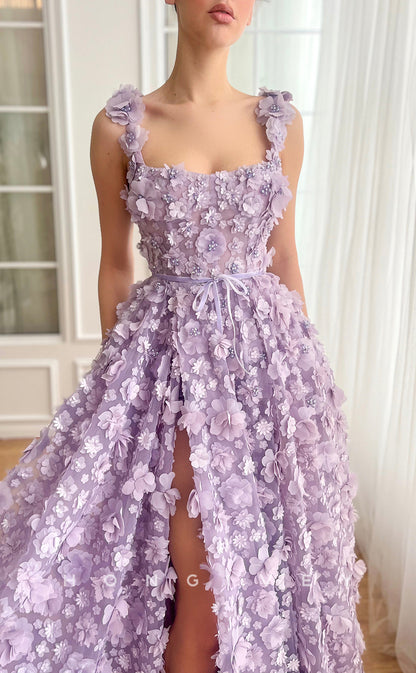 L2750 - Tulle A-Line Square Floral Appliqued With Side Slit Party Prom Evening Dress