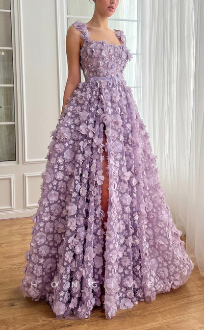 L2750 - Tulle A-Line Square Floral Appliqued With Side Slit Party Prom Evening Dress