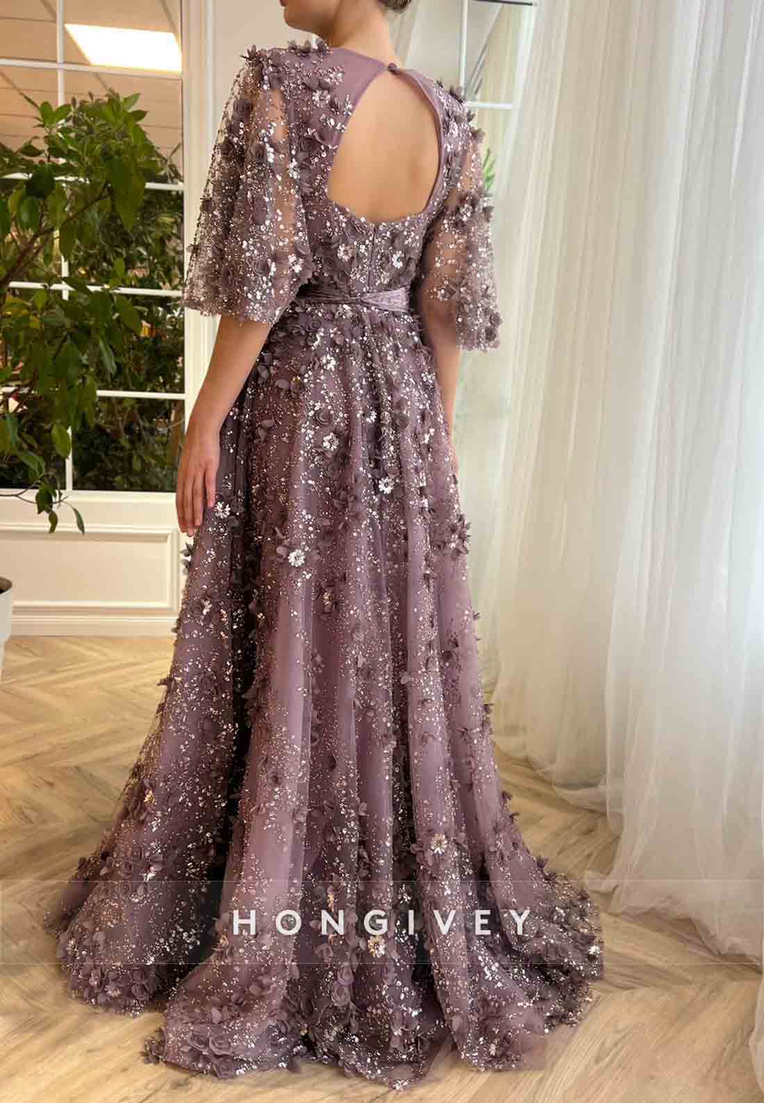 Purple Low V-Neck A-Line  Evening Gowns with Flutter Sleeves and Embroidery